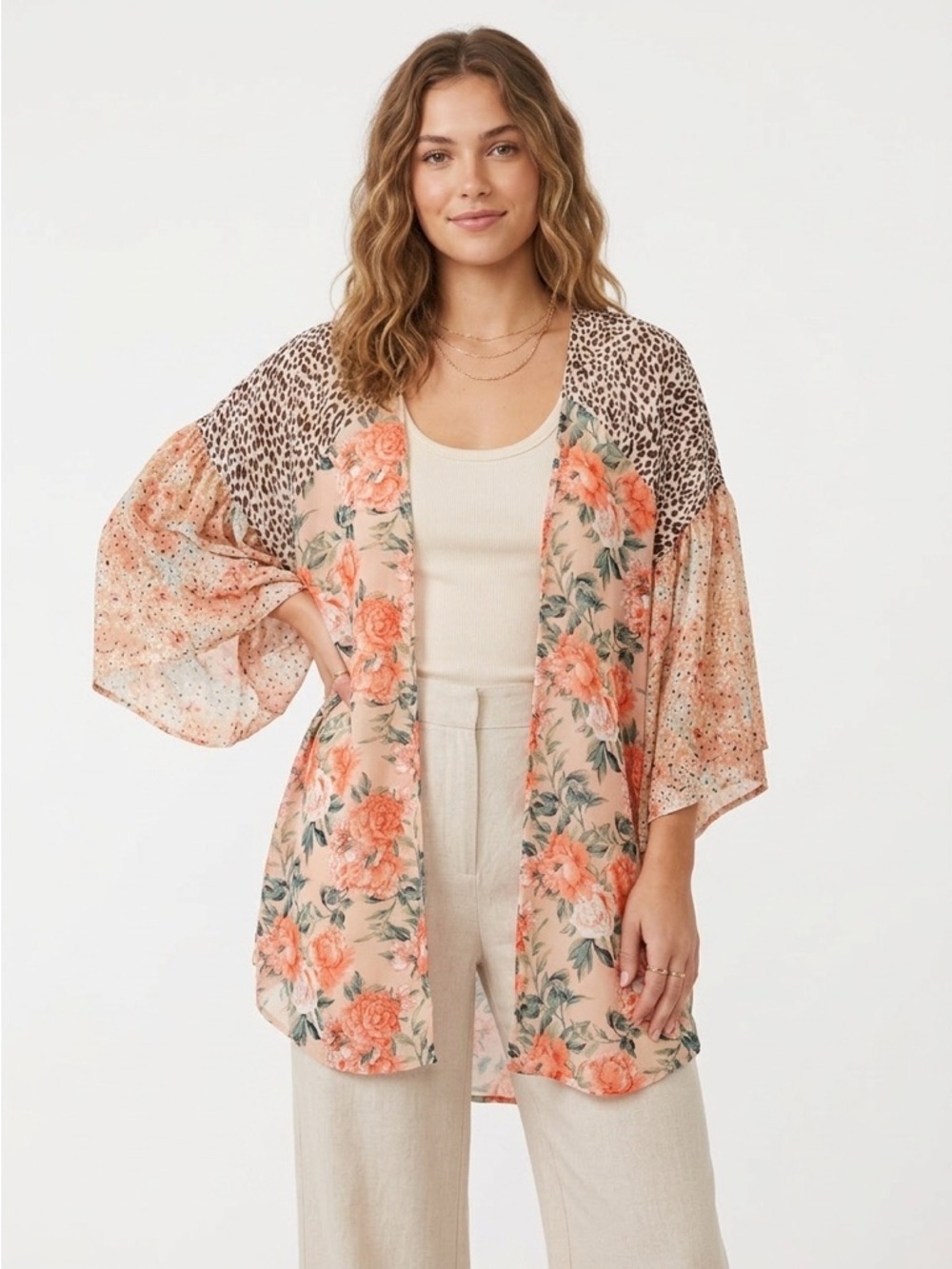 UMGEE Mixed Print Floral Leopard Open Front Kimono Cardigan Peach Cream Size M
